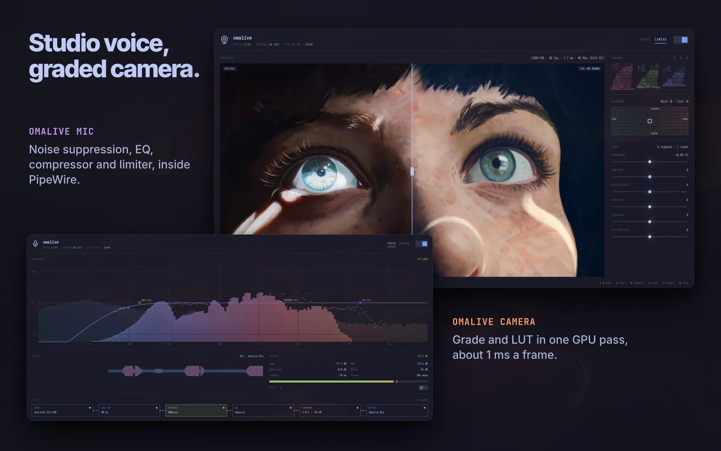 Omalive voice processing and camera grading views, in demo mode