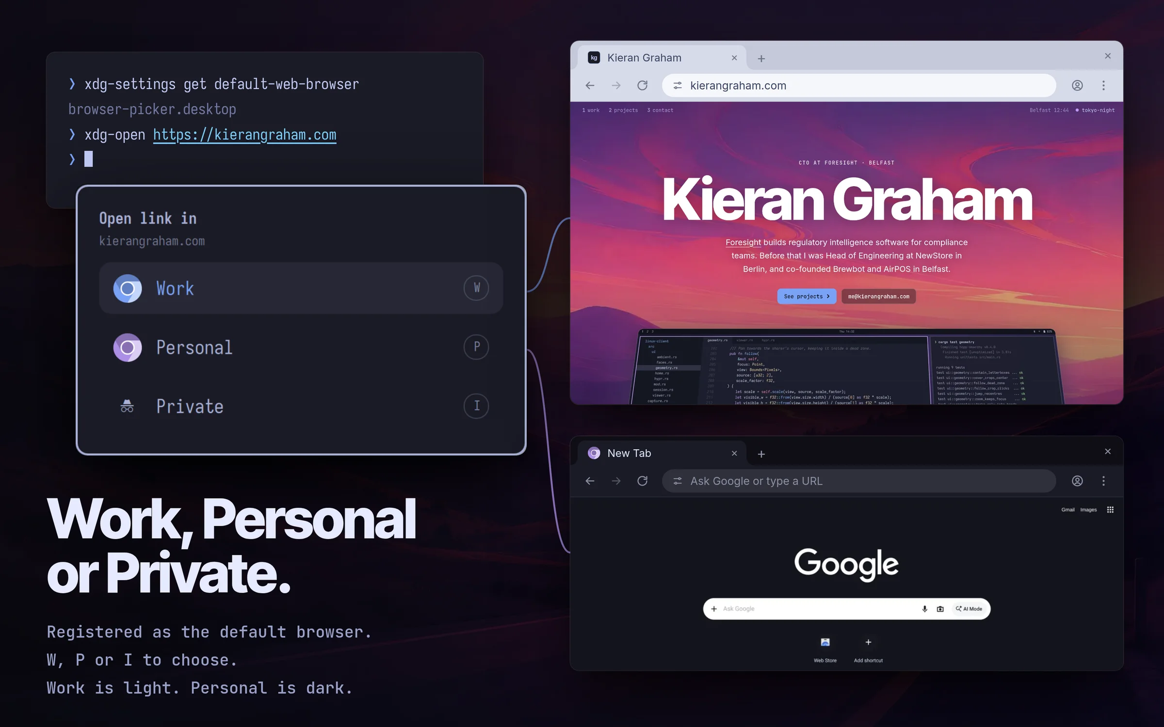 A link opening through the profile picker into a Work or Personal Chromium window